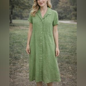 VTG Charles Keath Lime Green Slub Linen Button Front Midi Shirt Dress USA XL